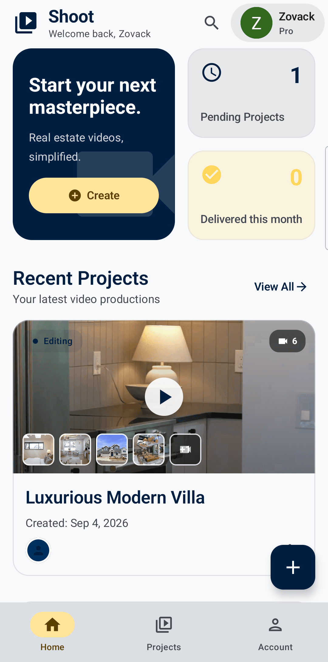 Zovack Shoot home screen showing a list of real estate video projects