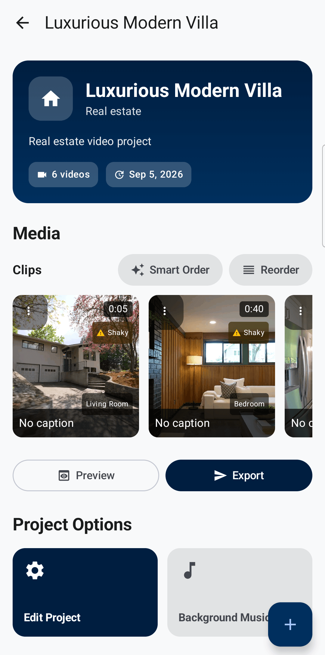 Zovack Shoot project details screen with tagged and organized clips