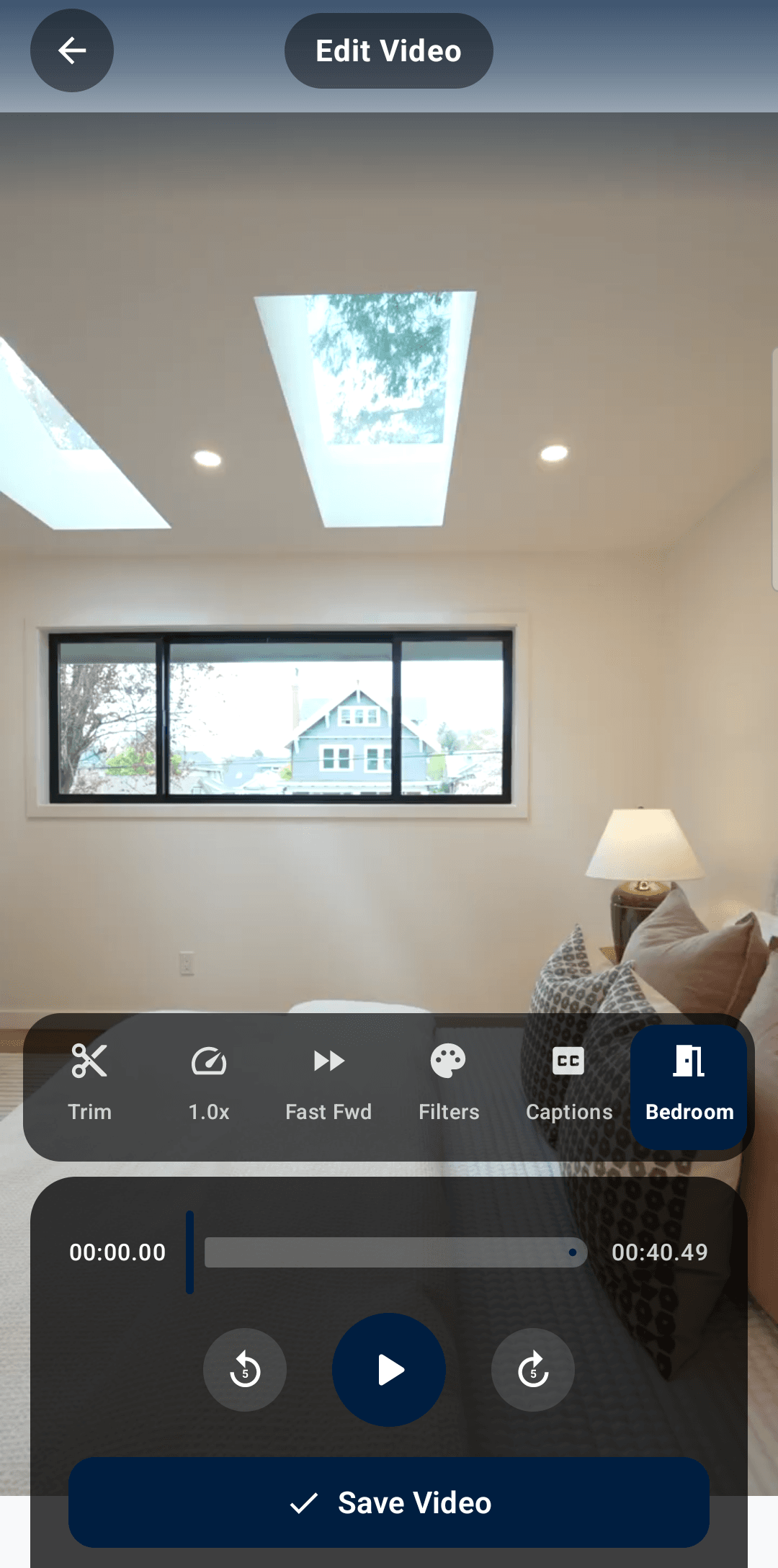 Zovack Shoot editing toolbar with trim, speed, and caption controls