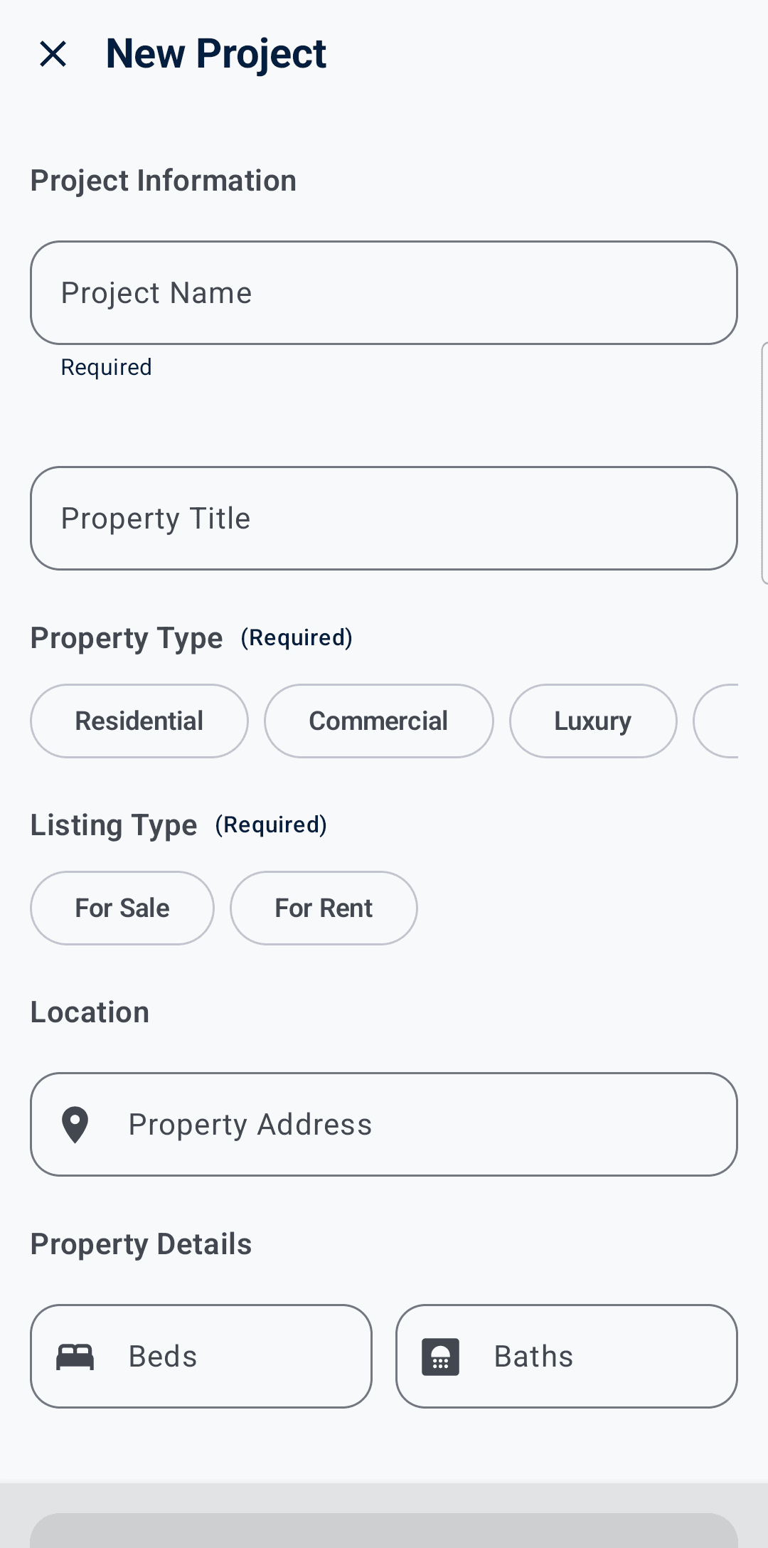 Zovack Shoot create project screen with real-estate-specific fields